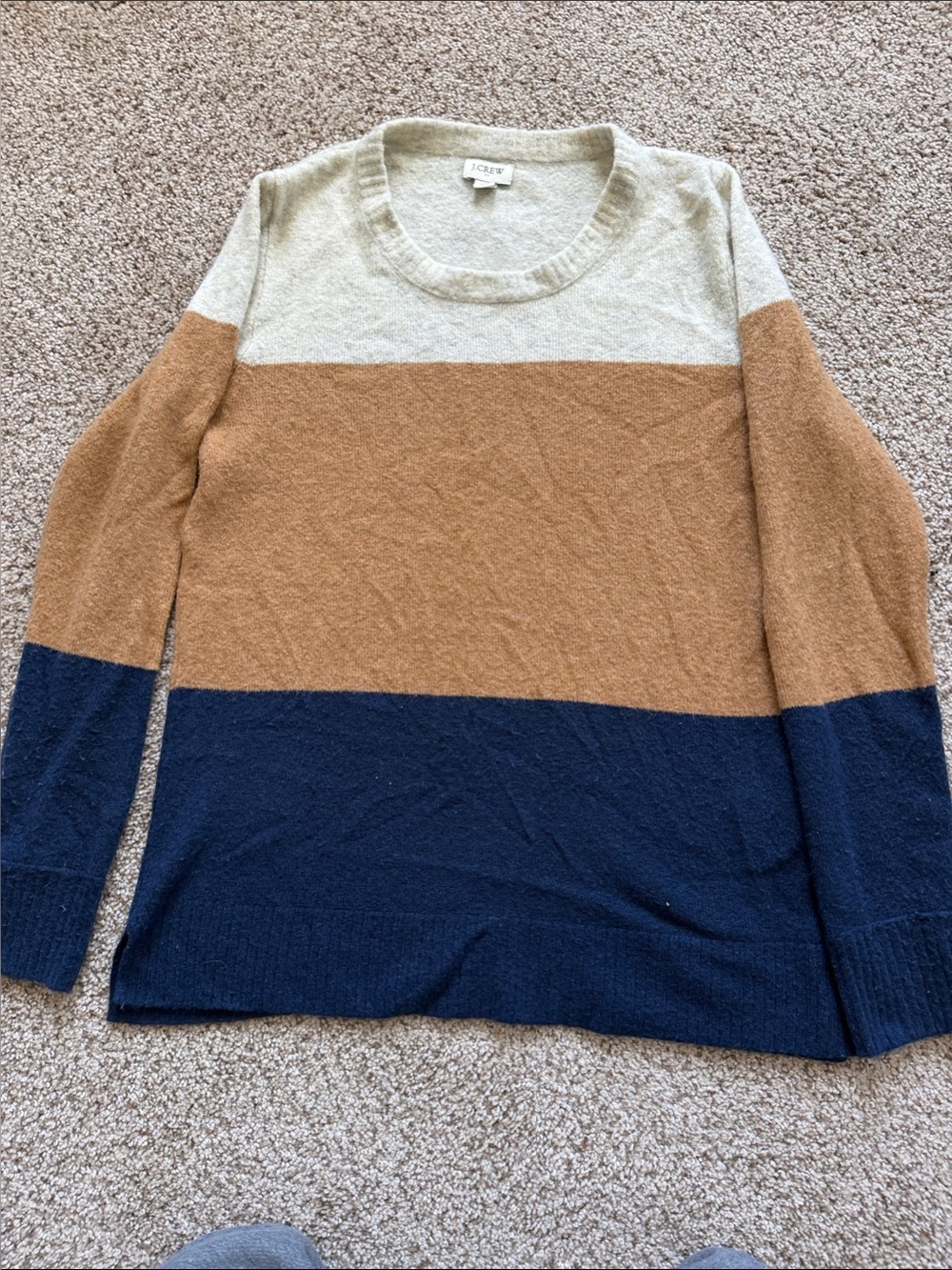 J. Crew Colorblock Crewneck Sweater in Cream, Tan & Navy